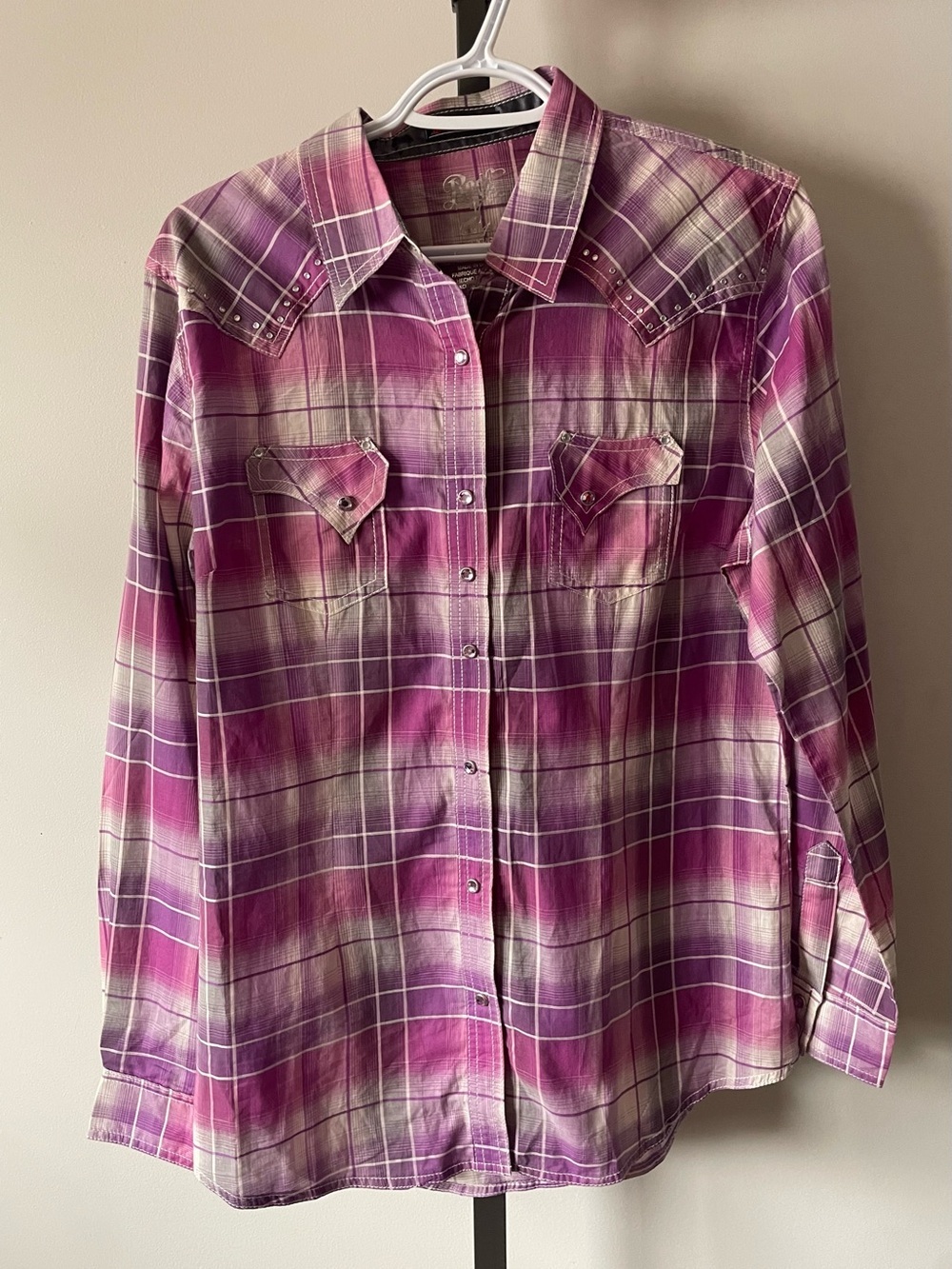 Y2K Vintage Rock 47 Wrangler Purple Plaid Rhinestone Gem Snap Western Shirt